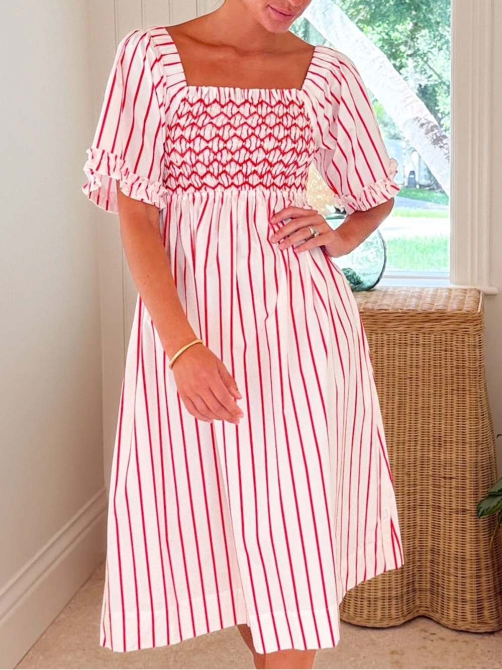 Smock London Women’s Josefine Butler Dress Candy Red Stripe Smocking Small S